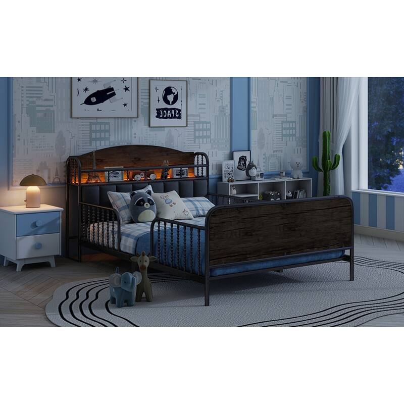 Roomfitters Twin/Full Metal Platform Bed, LED Storage Headboard and Guardrails with Metal Frame for Bedroom or Guest Room