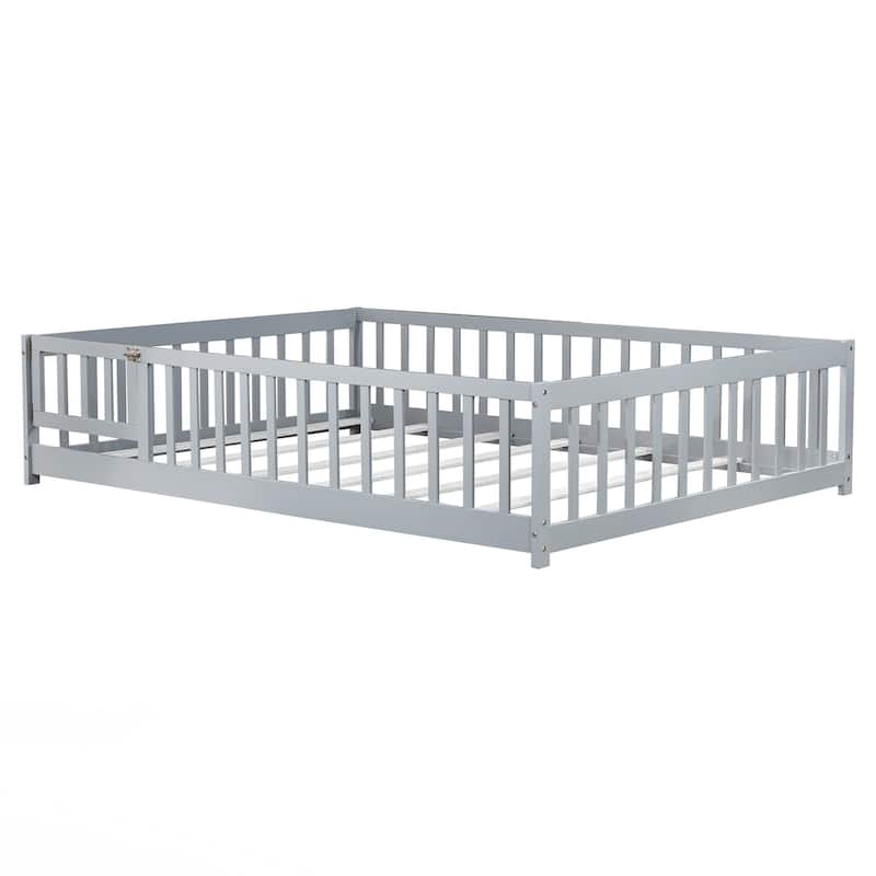 Full Size Floor Bed with Fence and Door,Rubber Wood Floor Bed with Safety Guardrails