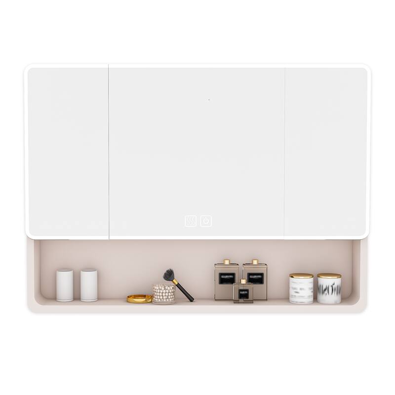 White Aluminum Bathroom Cabinet with LED Mirror and Defogging Glass and Large Storage Shelves - 35" x 28"
