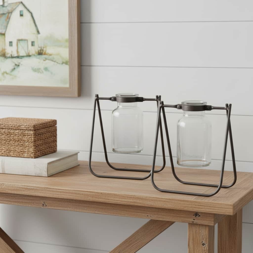 Set of Two Clear And Brown Glass And Metal Round Table Vases - 6.00