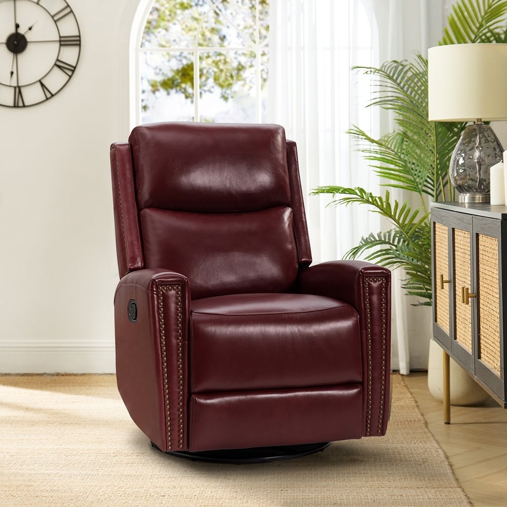 Fiacro 30.31"Wide Mid-Century Modern Genuine Leather Wingback Swivel Rocker Recliner with Nailhead Trims