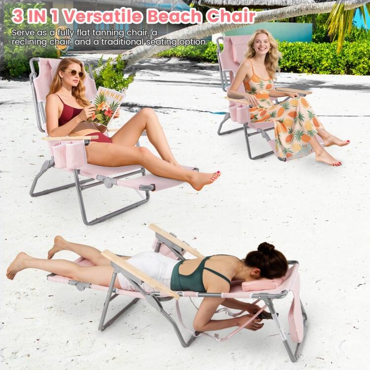 Oxford Cloth Metal Folding Beach Chair with Adjustable Recline and Face Hole - 26" x 40"-53.5" x 38.5"-30.5"