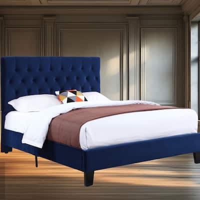Navy Blue Queen Upholstered Bed with Solid Wood Frame, Easy Assembly, Transitional Style, Elegant Bedroom Furniture