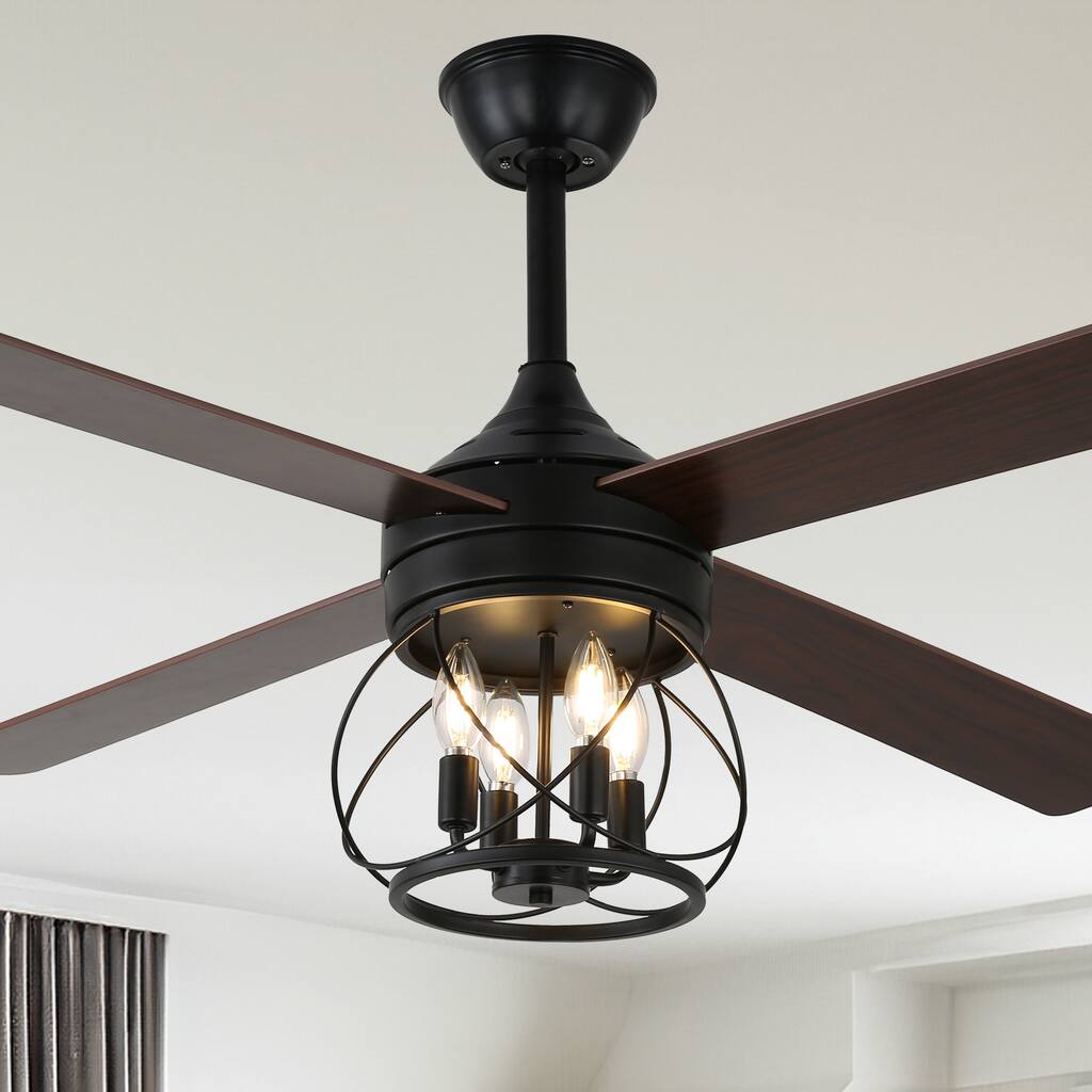 Cusp Barn 52" Modern Ceiling Fan with Light and Remote,Black 4-Light 6 Speeds Quiet Operation Reversible Caged Ceiling Fan
