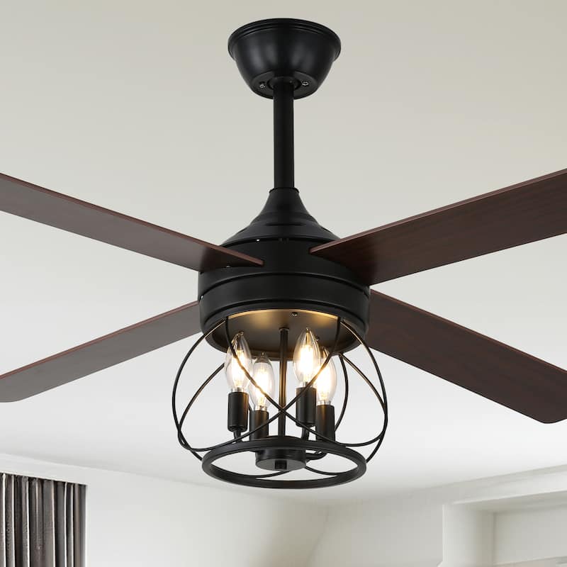 Cusp Barn 52" Modern Ceiling Fan with Light and Remote,Black 4-Light 6 Speeds Quiet Operation Reversible Caged Ceiling Fan - 52 inch - Matte black - Remote