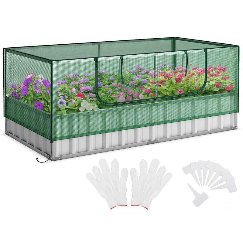 Gymax 69'' x 36'' x 28'' Galvanized Raised Garden Bed w/ Cover Roll-up - Green