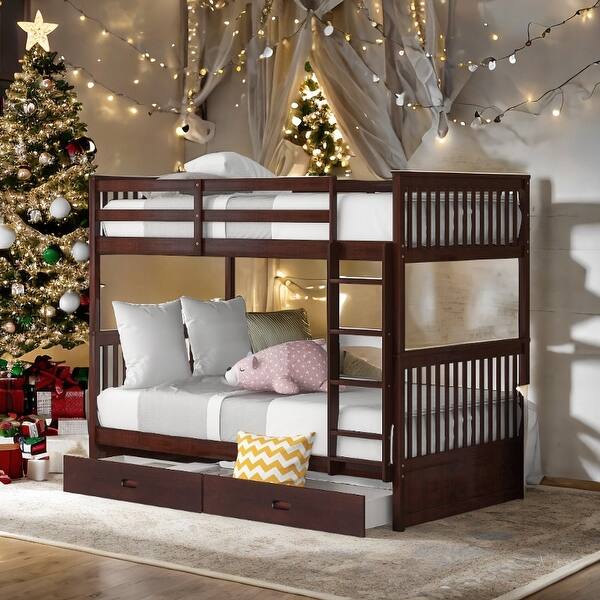 slide 2 of 18, Twin-over-Twin Classic Wooden Bunk Bed with Storage Espresso
