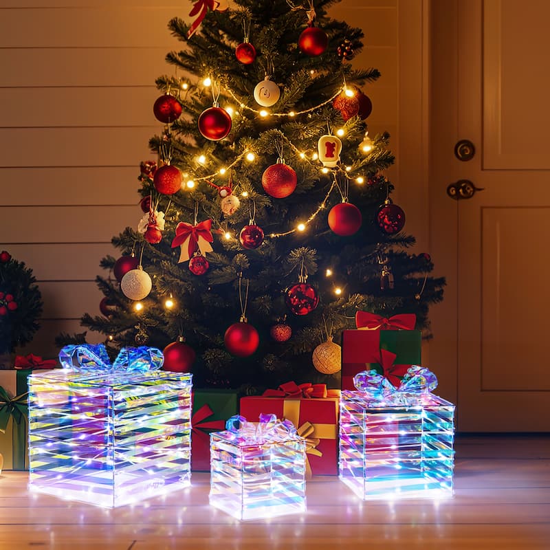 Gymax 3 Pieces Christmas Lighted Gift Boxes 90 LED Light up Present - Multi - See Details