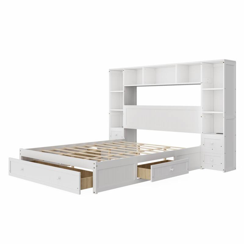 Multi-Functional Pine Wood Platform Bed with Built-In Nightstands, Storage Shelves, and Charging Stations