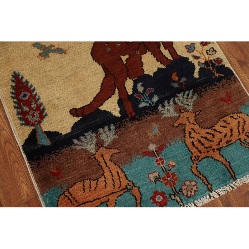 Animals Pictorial Kazak Oriental Foyer Rug Hand-Knotted Wool Carpet - 2'0" x 3'0"