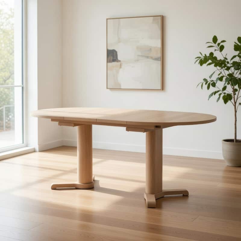 Hiny Dining Table, Pedestal Base, Extendable 60-78 Inch White Wood Top - White Oak