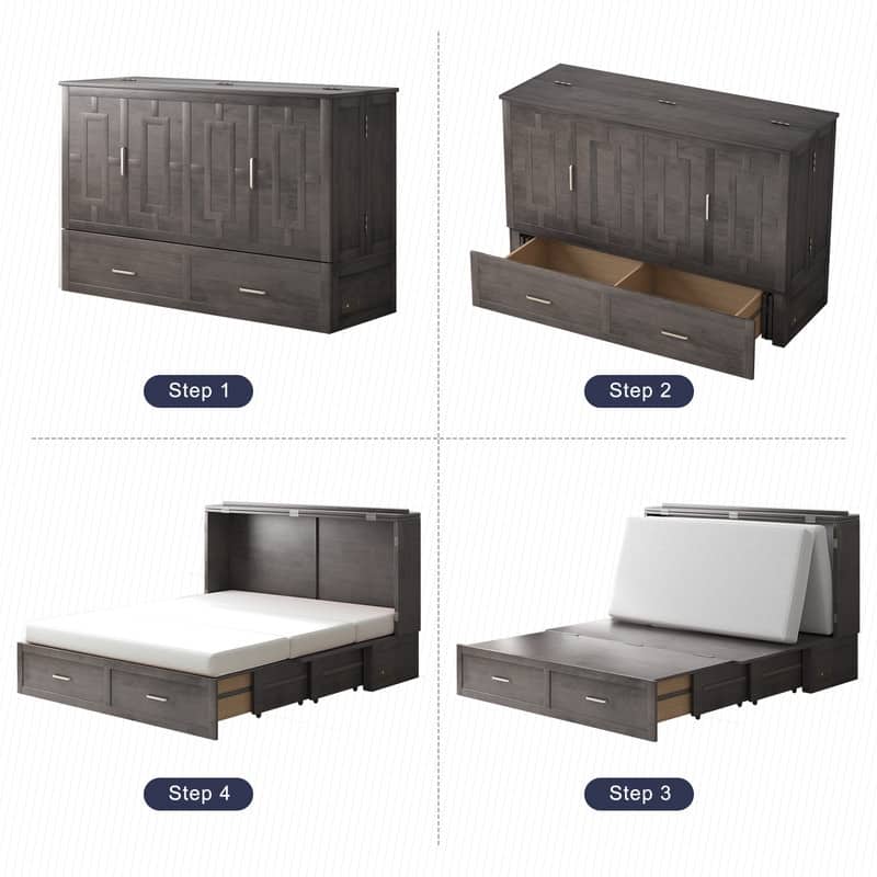 Mixoy Modern Murphy Bed Chest with Mattress,Storage Drawer,Charging Station