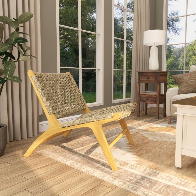 Teak Wood Living Room Accent Chair with Leather or Woven Cane Seat