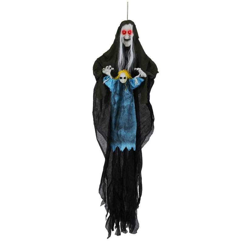 Life Size 6ft Sound Activated Hanging Witch with Red Eyes and Creepy Sounds Halloween Decoration with Bendable Arms Grey