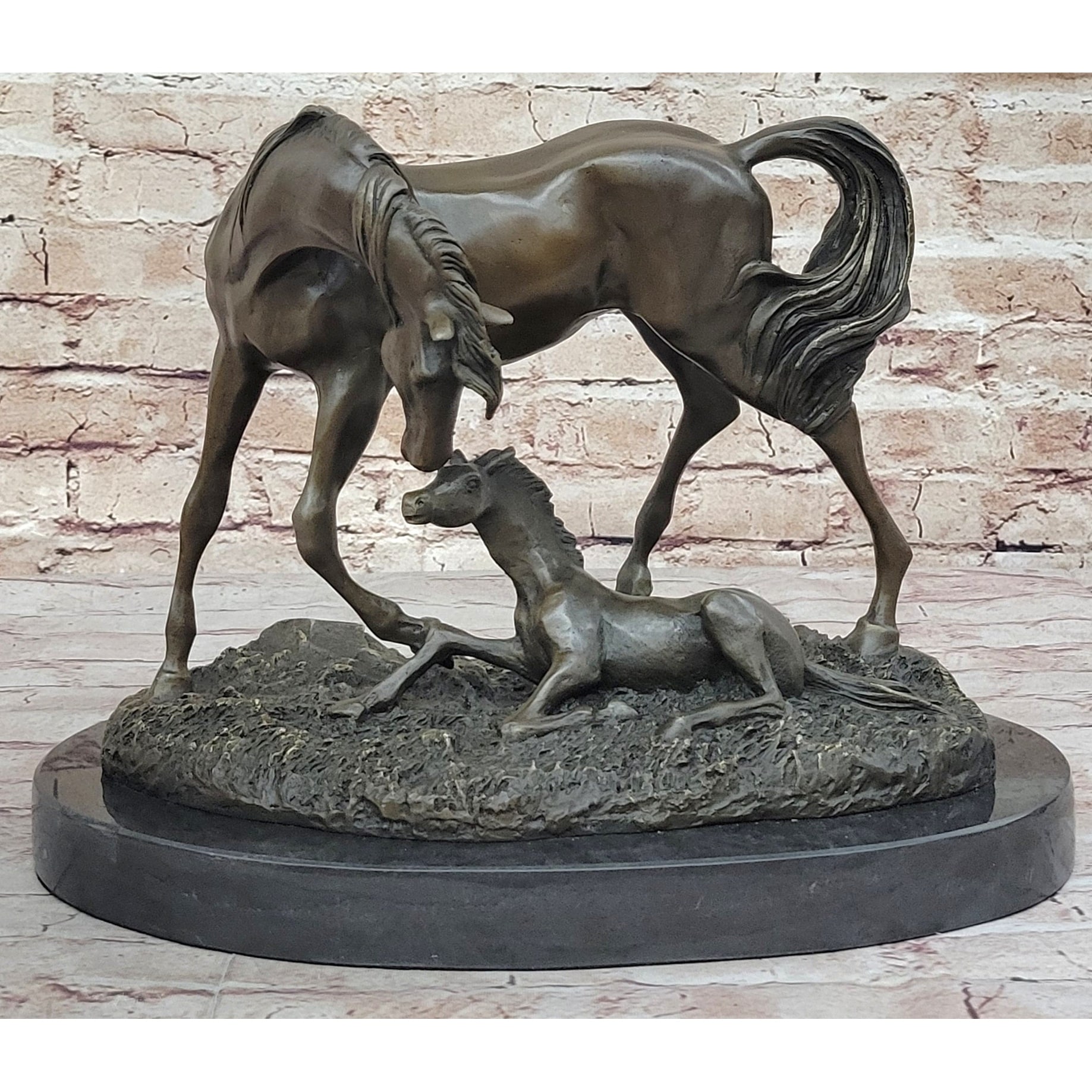 Horses Mare W/Foal Horse Bronze Sculpture Wild Farm Animal Marble Base