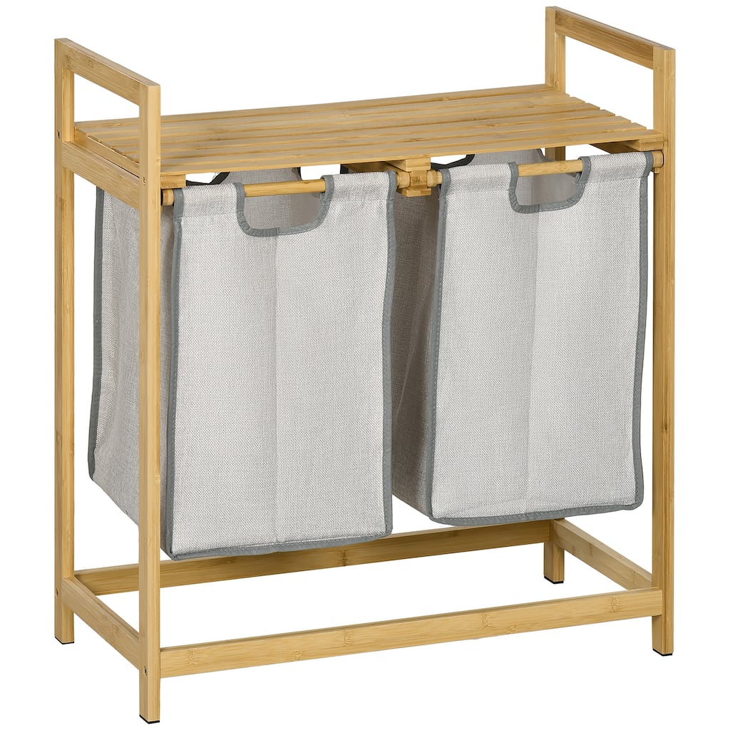 Homcom Double Laundry Hamper 2 Section Bamboo Laundry Basket With Storage Shelf 2 Pull-Out And Removable Bags