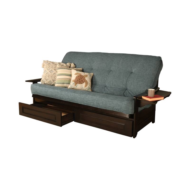 Somette Phoenix Queen-size Storage Futon Set in Espresso Finish with Linen Mattress - Linen Aqua