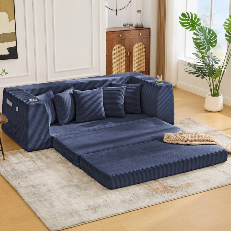 2 in 1 Convertible Sofa Bed, Sleeper Sofa with Storage Pockets, Pull Out Loveseat Couch with Two Cup Holders