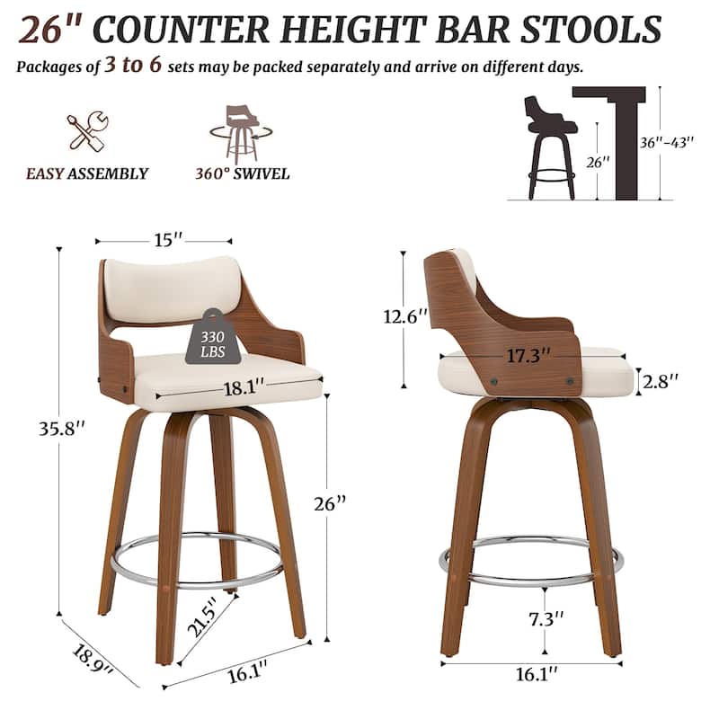 Modern Swivel Bar Stools with Curved Wood Back Upholstered Armrest Counter Stool