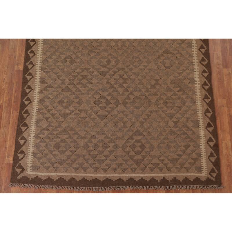 Hand Woven Oriental 100% Wool Carpet Southwestern Geometric Brown Kilim Area Rug - 9' 3'' X 6' 6''