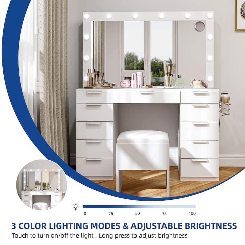Makeup Vanity Set with Oversized Mirror 3 Color LED Lights Charging Hub 11 Drawers and Comfy Storage Stool for Bedroom