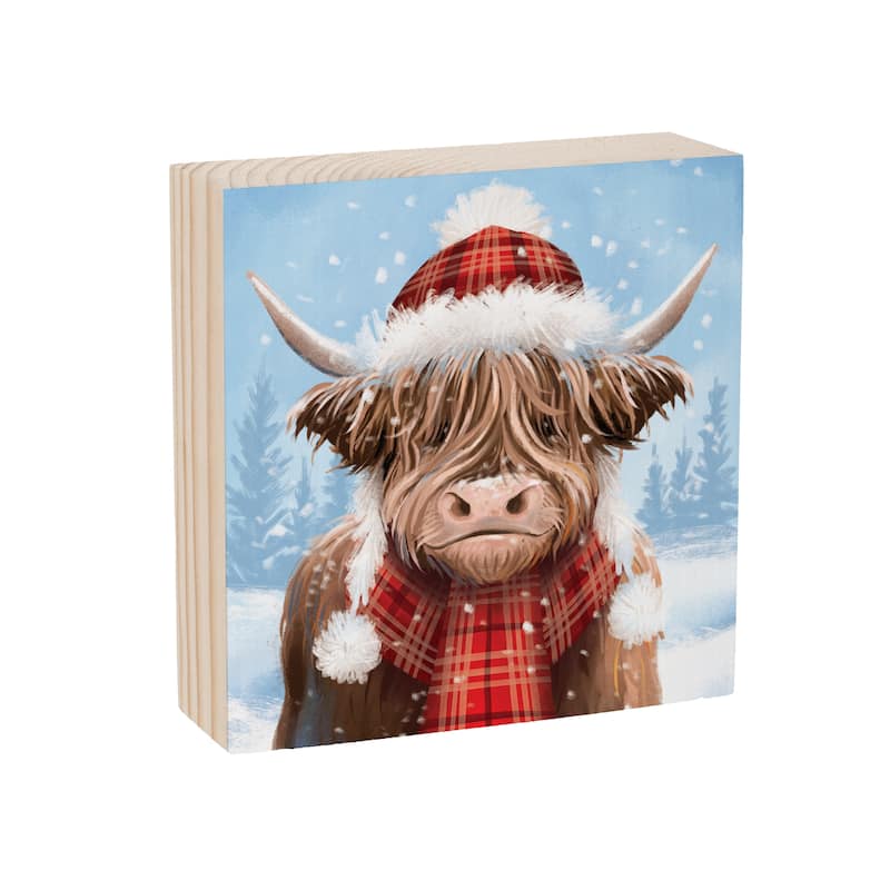 Holiday Highland Cow Sign Wood Block - 6" x 6" - Multicolor