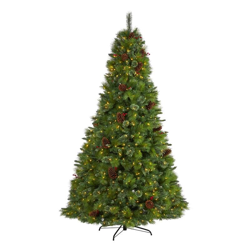 8’ Pre-Lit Montana Pine with Cones and Berries Artificial Christmas Tree, Clear LED Lights - 8 Foot