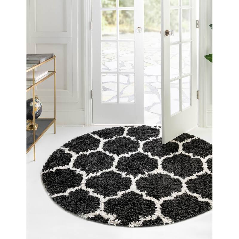Shag Brico Collection Area Rug - 5'3" Round - Black-White