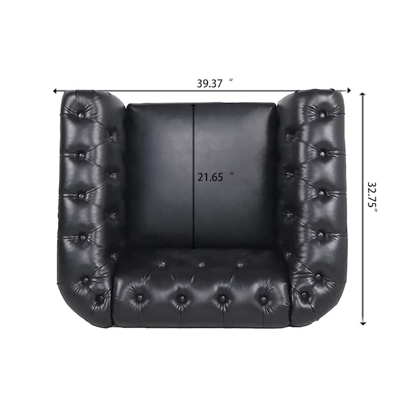 Traditional Rolled Arm Chesterfield 1 Seater Sofa,Living Room PU Leather Seat Cushions & Nailheads Finish Sofa with Wood Legs