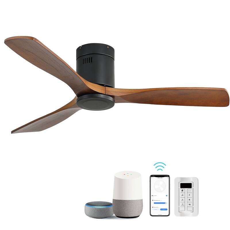 Sofucor 52 Inch Solid Wood Flush Mount Indoor Ceiling Fan without Light,Remote Control,Smart Optional - Smart(Remote+APP+Voice Control) - Black and Walnut Blades