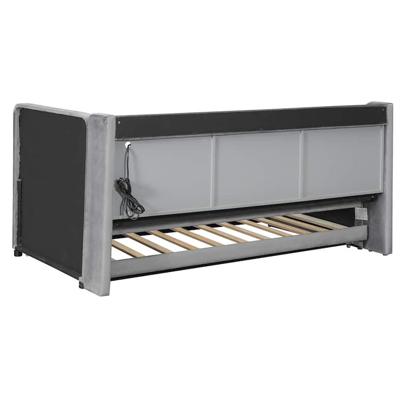 Twin Size Upholstered Daybed with Pop Up Trundle and Storage Shelves & Socket