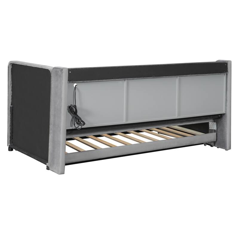 Twin Size Velvet Upholstered Daybed with Trundle, Storage Shelves, USB & Outlet