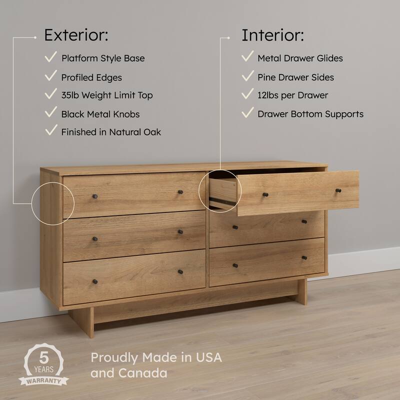 Prepac Finnley 6-Drawer 61" W Dresser, Modern Clothing Organizer for Home, Bedroom, Living Room