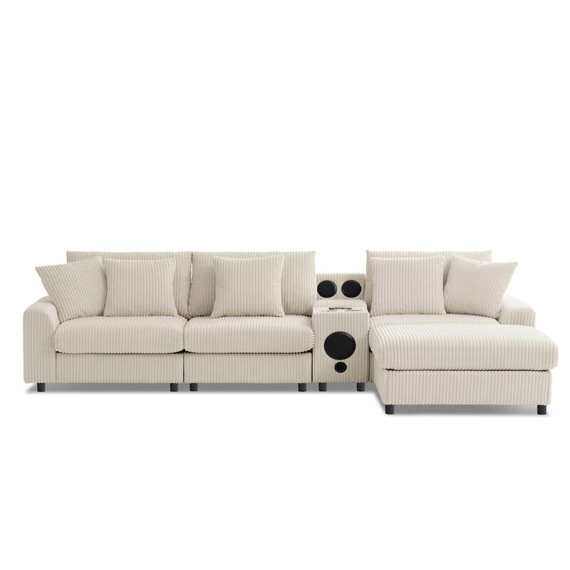 Corduroy Sectional Sofa With Bluetooth Speakers,L Shaped Couch With Console,Usb Charger,Cup Holders,Storage,Ottoman