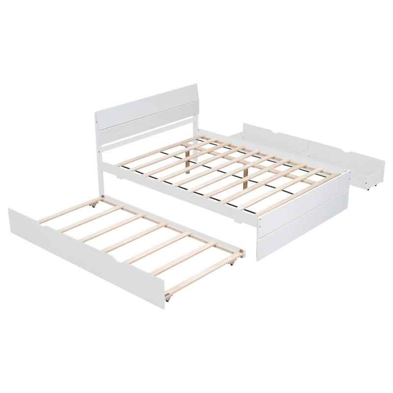 Full Size Wooden Platform Bed Frame with Trundle Bed and 2 Drawers