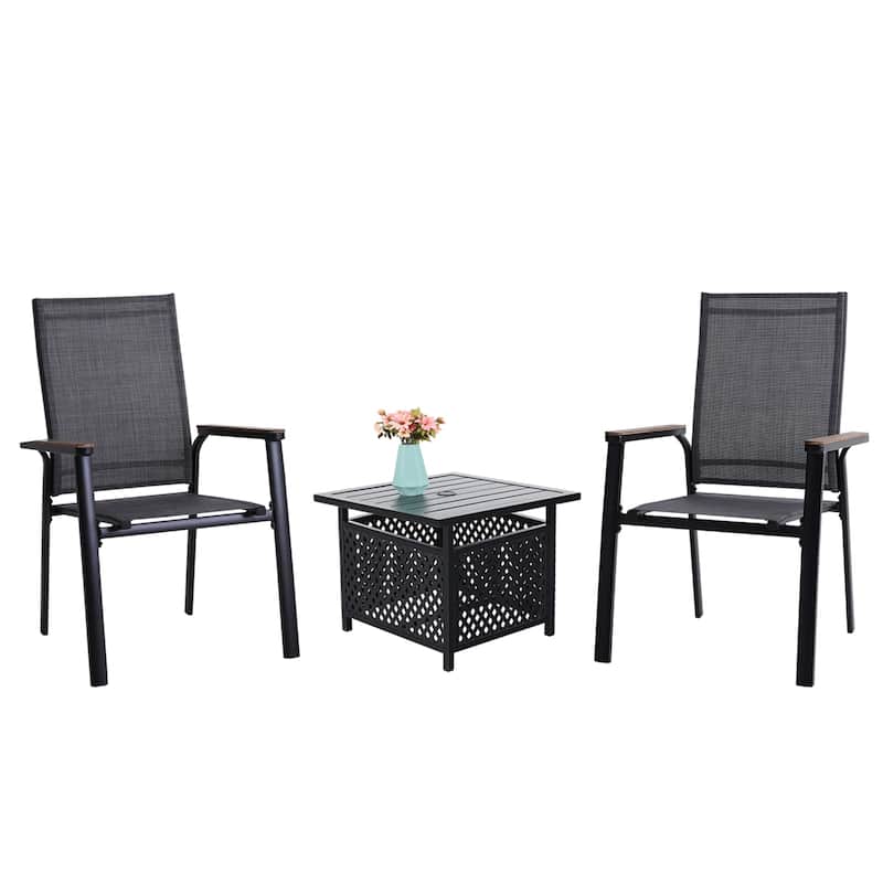 MAISON ARTS 3-Piece Bistro Set, 2 x Aluminium Stackable Dining Chairs and 1 x Side Table with Umbrella Hole