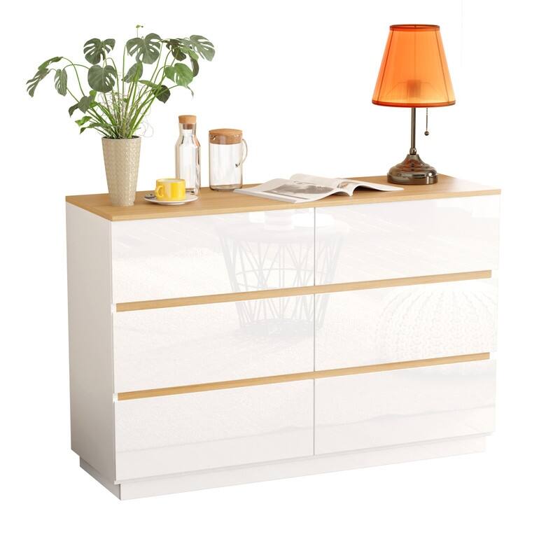 High-Gloss White Oak Contrast P2 15MM Particleboard Melamine 47.2in Double 6-Drawer
