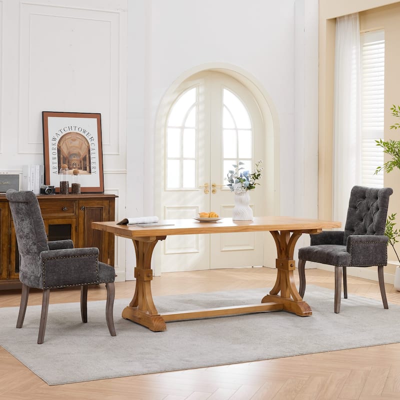 Upholstered Chenille Fabric Accent Dining Chair, Curved Solid Wood Legs, Elegant Tufted Club Dining Room Kitchen Room Arm