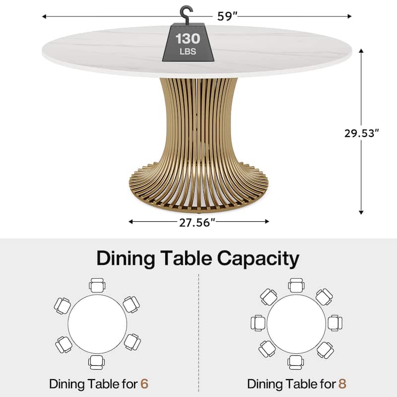 59" Luxury Round Sintered Stone Dining Table with Gold Pedestal for 6-8 People - 59"D*29"H