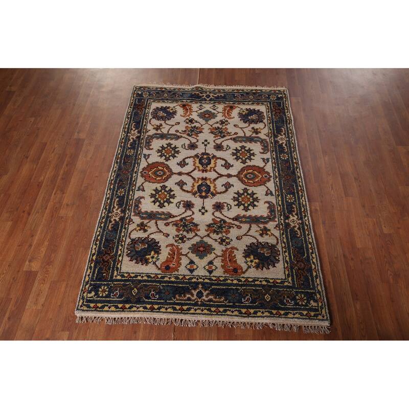 Oushak Indian Area Rug Handmade Floral Beige Wool Carpet - 4'1"x 5'11"