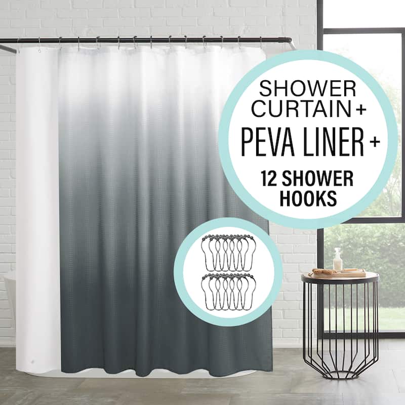 14-Piece Bath/Shower Set - Ombre Shower Curtain, Hooks & PEVA Liner - Dark Grey