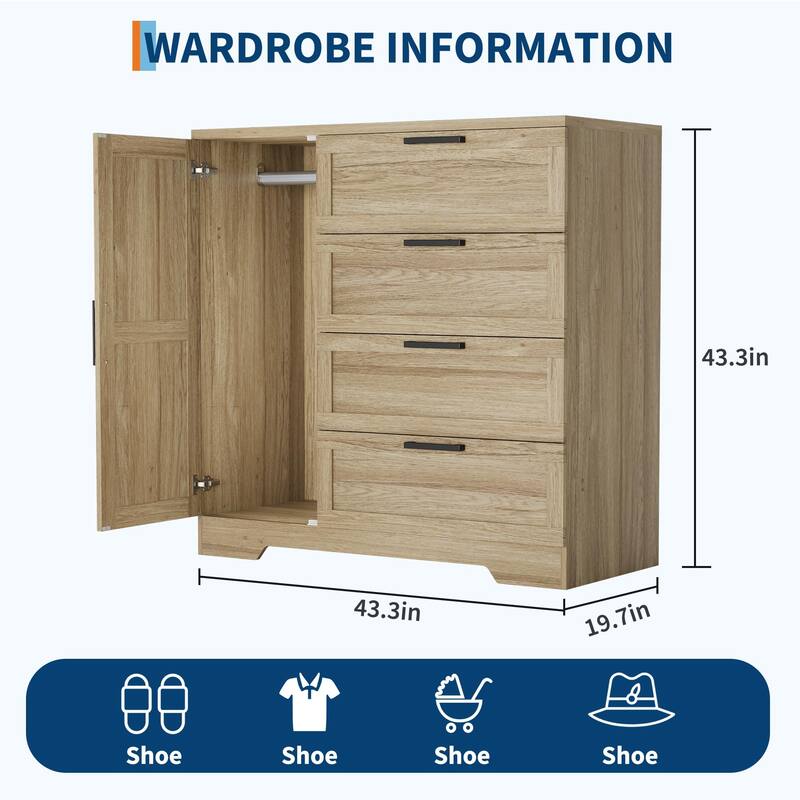 43.3'' Small Wardrobe Closet, Wardrobe Cabinet with Door, 4 Drawers and Handing Rod, Wooden Clothes Cabinet