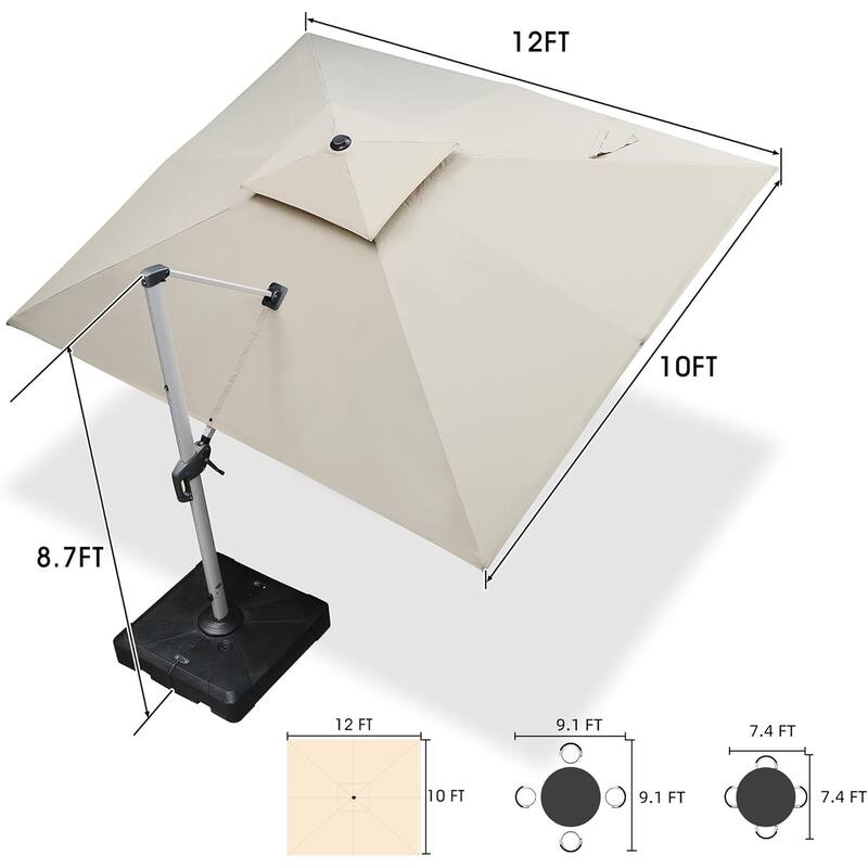 PURPLE LEAF 10 x 12ft Outdoor Patio Rectangle Large Cantilever Umbrella with Base