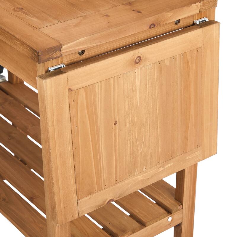 Natural Wooden Multi-Level Garden Potting Station with Foldable Side Pallet and Storage Shelf for Tools
