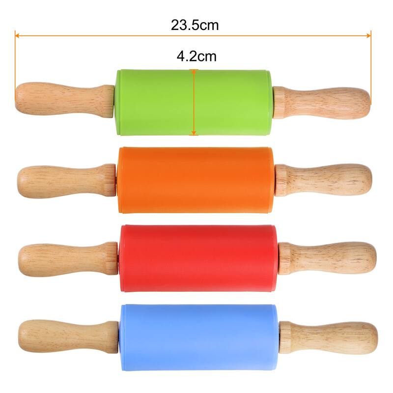 Silicone Rolling Pins for Baking Wood Handle 23.5cm x 4.2cm 4 Colors - Green & Orange & Blue & Red - Green & Orange & Blue & Red