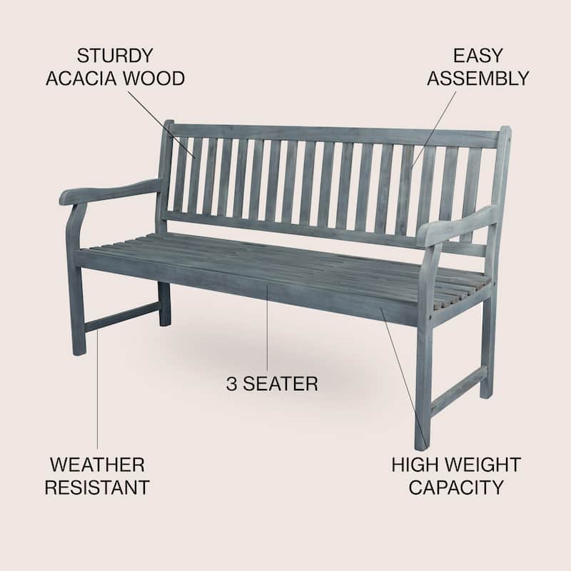 Blane 59.1" 3-Seat Slat-Back 600-Lbs Support Acacia Wood Outdoor Garden Patio Bench, by JONATHAN Y