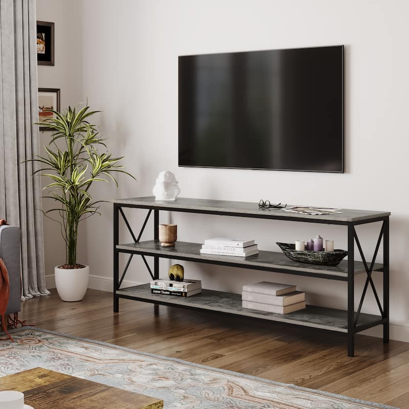 3-Tier TV Stand for TVs up to 60" with Open Storage Shelves - Grey