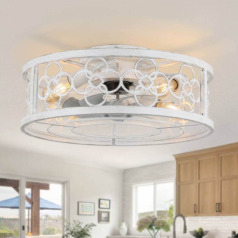 20" Flush Mount Caged Ceiling Fan with Light and Remote, Distressed White Metal 3-Speed Reversible Dc Motor