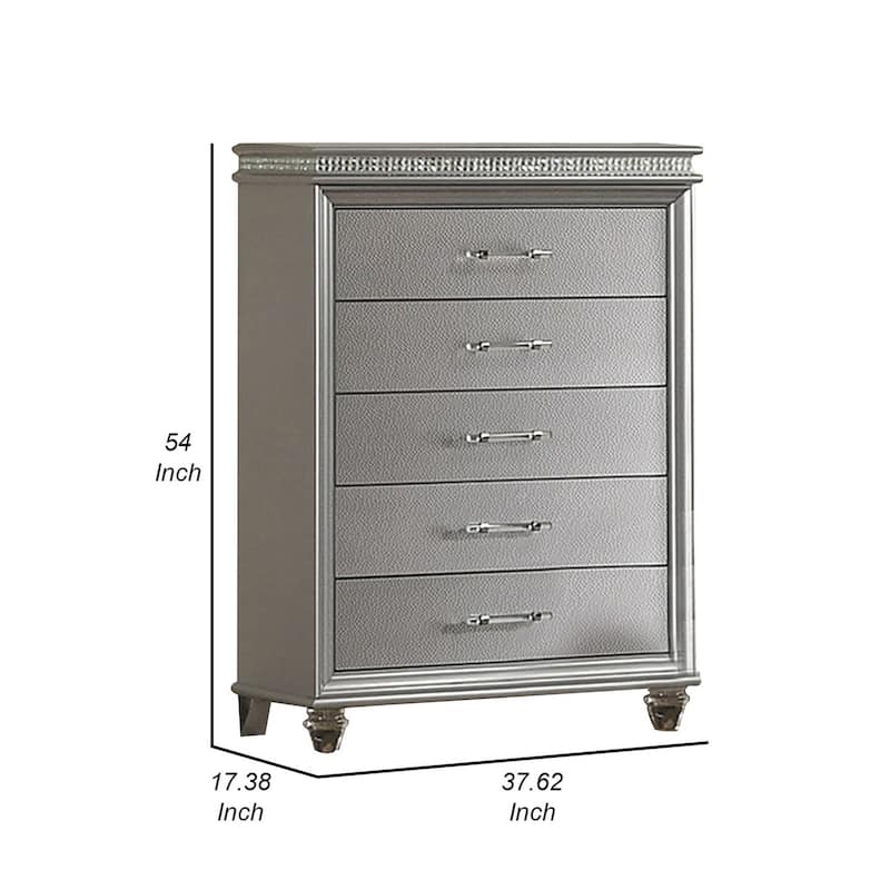 Sam 54 Inch Tall Dresser 5 Drawers Chest, Clear Acrylic Legs, Silver Finish