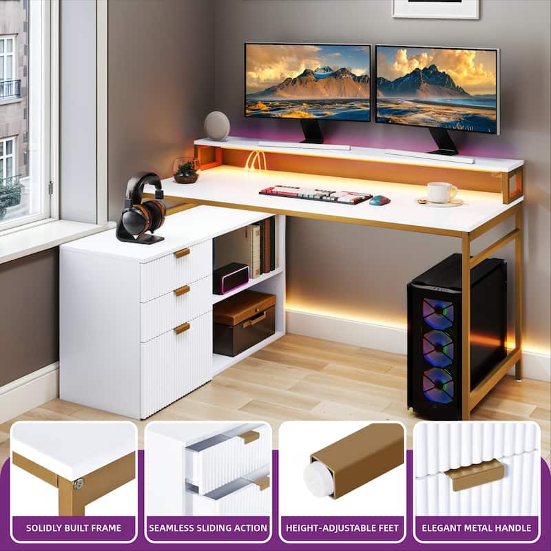 Moasis 55" Corner Computer Desk L-shaped Desk with Led Lights Gold Frame